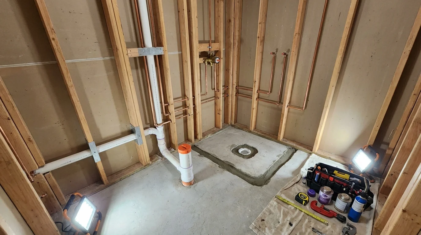 Bathroom rough-in plumbing during remodel by Johns Plumbing LLC in Lewisport