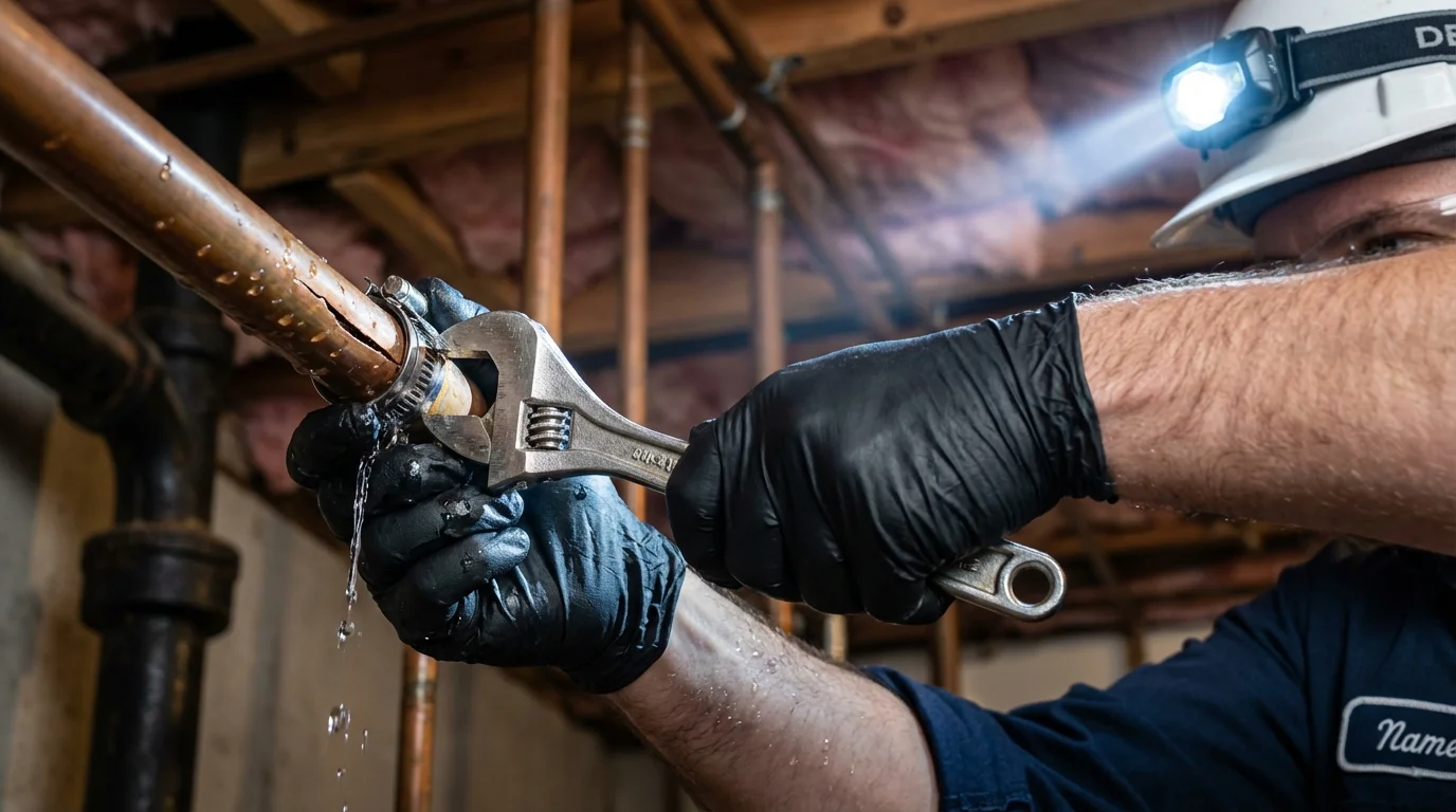Emergency pipe clamp repair being performed by a Johns Plumbing LLC plumber in Lewisport