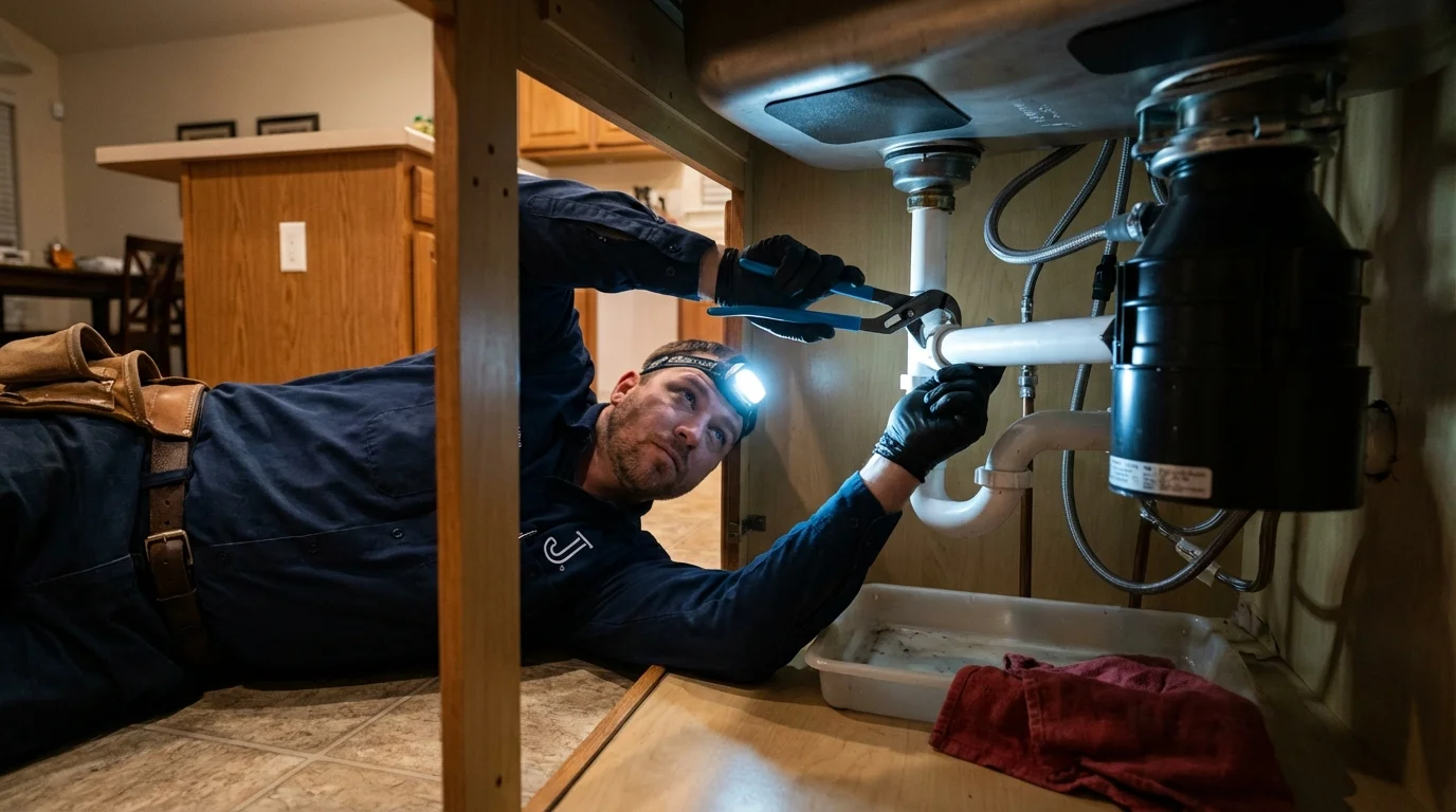 P-trap and supply line connections under a kitchen sink showing a common leak point in Lewisport, KY